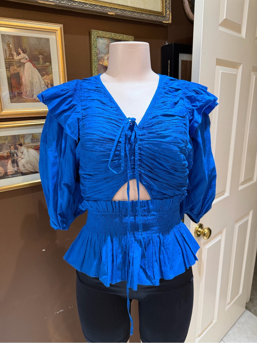 Sea New York Cobalt Blue Ruched Tie-Front Peplum Blouse FLAWED